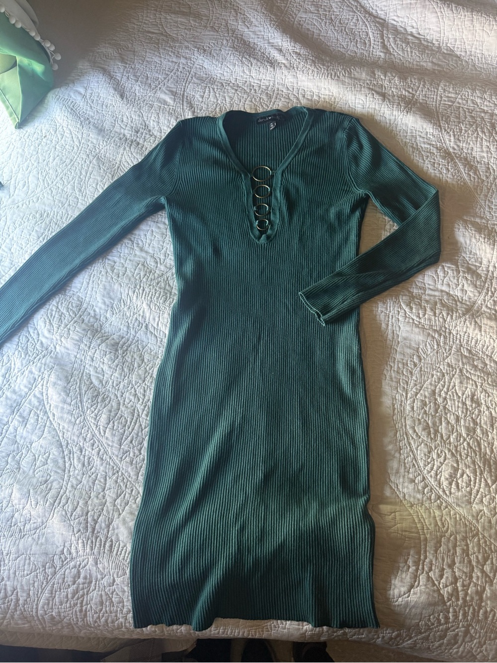 Long Sleeve Ribbed Green Midi Dress with Ring Detail